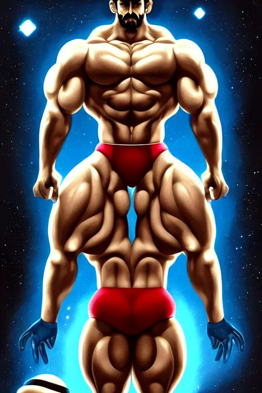 Image similar to gigachad luigi bodybuilder in space by ilya kuvshinov, ernest khalimov body by krista sudmalis, super mario bros symmetrical face concept art, hyper realistic, intricate, elegent, highly detailed, digital painting, concept art, smooth, sharp, focus, illustration, art by artgerm and greg rutkowski and alphonse mucha, artstation