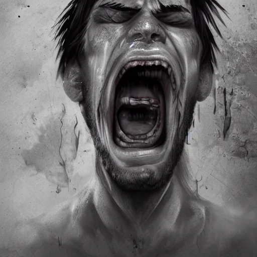 Prompt: his endless screaming makes his own mind eat him up, black and white, artstation, deviantart, pinterest, 8 k