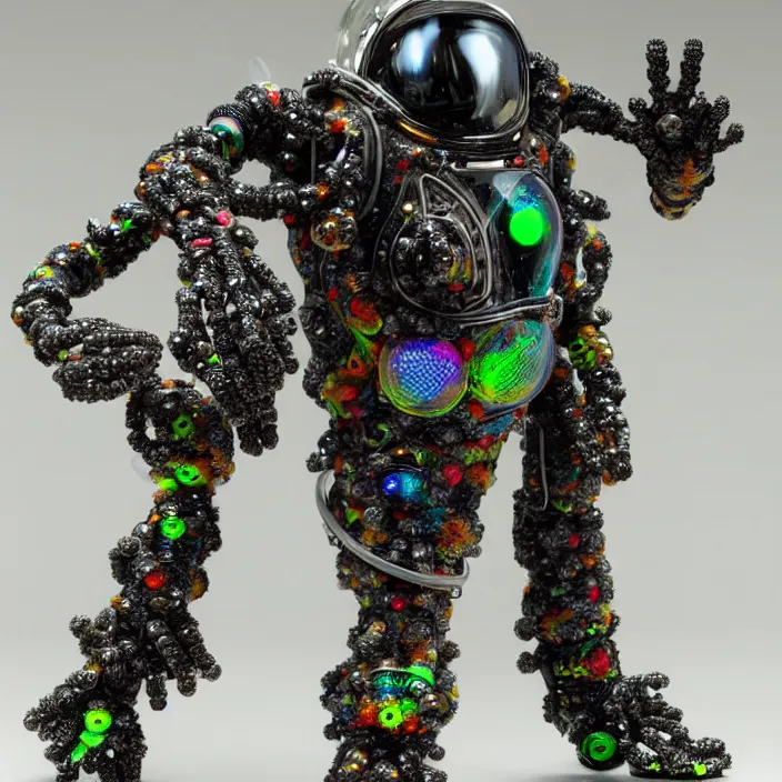 Image similar to a cybernetic symbiosis of a single astronaut mech-organic eva suit made of pearlescent wearing anodized thread knitted shiny ceramic multi colored yarn thread infected with kevlar,ferrofluid drips,carbon fiber,ceramic cracks,gaseous blob materials and diamond 3d fractal lace iridescent bubble 3d skin dotted covered with orb stalks of insectoid compound eye camera lenses orbs floats through the living room, film still from the movie directed by Denis Villeneuve with art direction by Salvador Dalí, wide lens,