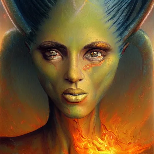 Image similar to A stunning painting of a fire goddess by Jim Burns, fantasy, Trending on artstation.