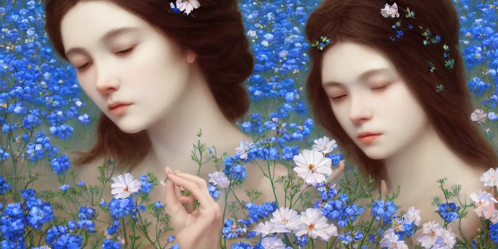 Image similar to breathtaking detailed concept art painting portrait of the goddess of nemophila flowers, orthodox saint, with anxious piercing eyes, ornate background, amalgamation of leaves and flowers, by hsiao - ron cheng, extremely moody lighting, 8 k