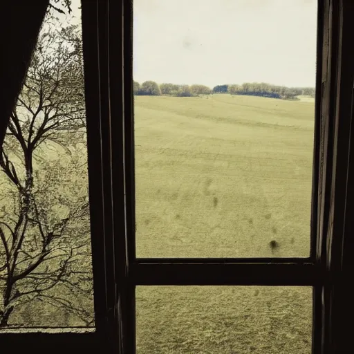 Prompt: a cinematic view looking out a window into an open field, wind blows the leaves