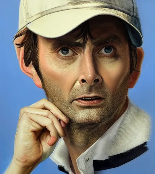 Image similar to portrait of david tennant as a golfer, white cap, beige and blue overstich, very detailed eyes, hyperrealistic, very detailed painting by Glenn Fabry, by Joao_Ruas