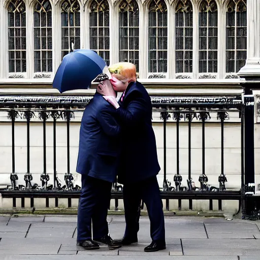 Prompt: a paparazzi photo of boris johnson kissing donald trump along the houses of parliament, london, the sun newspaper, detailed, canon eos, f / 1. 2, 2 0 0 mm lens, photograph