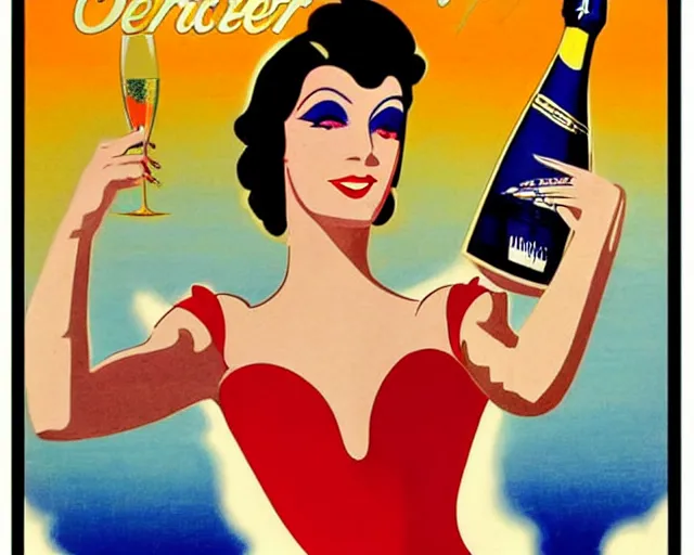 Image similar to art deco poster, dancer, cher, melchizedek champagne bottle. cheerful, bright