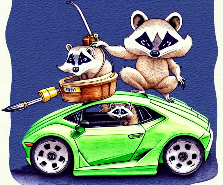 Image similar to cute and funny, racoon wearing a helmet riding in a tiny 2 0 2 0 lamborghini huracan sto, ratfink style by ed roth, centered award winning watercolor pen illustration, isometric illustration by chihiro iwasaki, edited by range murata