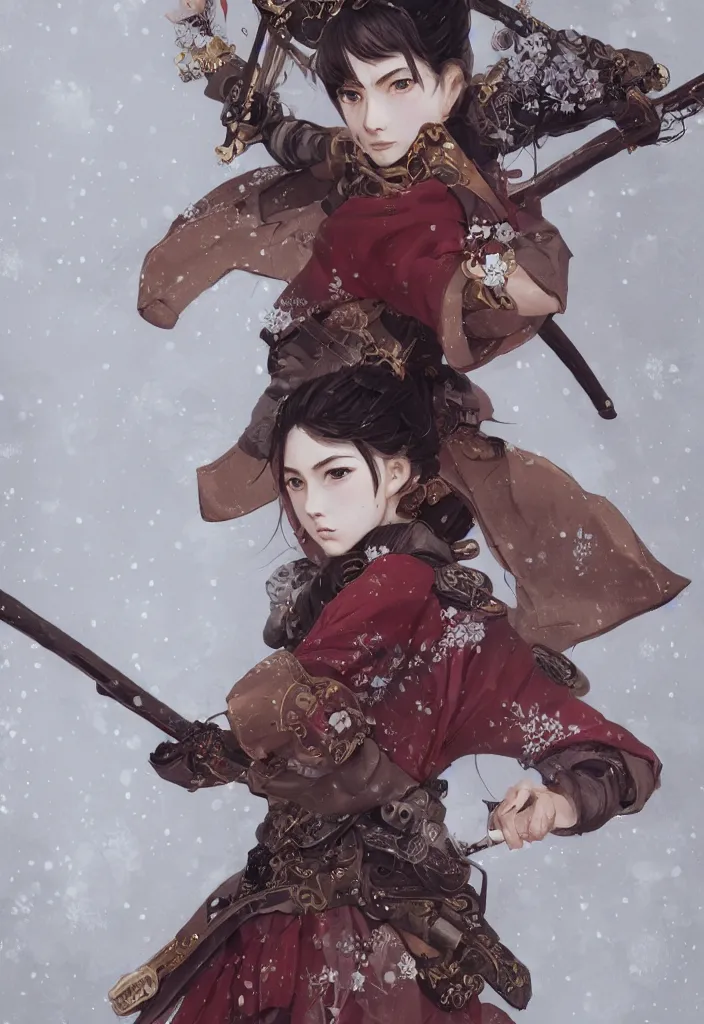 Prompt: detailed portrait of steampunk girl samurai with tachi and cross bow combat pose in snow forest sakura cherry blossom swan hakama kimono trending on artstation elite, elegant, luxury, by krenz cushart greg rutkowski alexandros, perfect face, fine details, realistic shaded, fine - face, pretty face