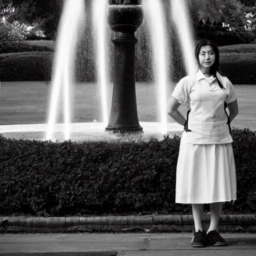 Image similar to a full body portrait of a young woman in black and white maid uniform standing in front of a fountain in a park, 8k, cinematic, photo taken with Sony a7R camera, by William-Adolphe