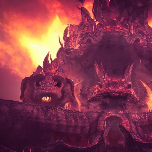 Prompt: huge temple in hell with dragons in the sky above it, sharp focus, digital art, epic composition, dynamic lighting, intricate, highly detailed, 8 k, unreal engine, blender render
