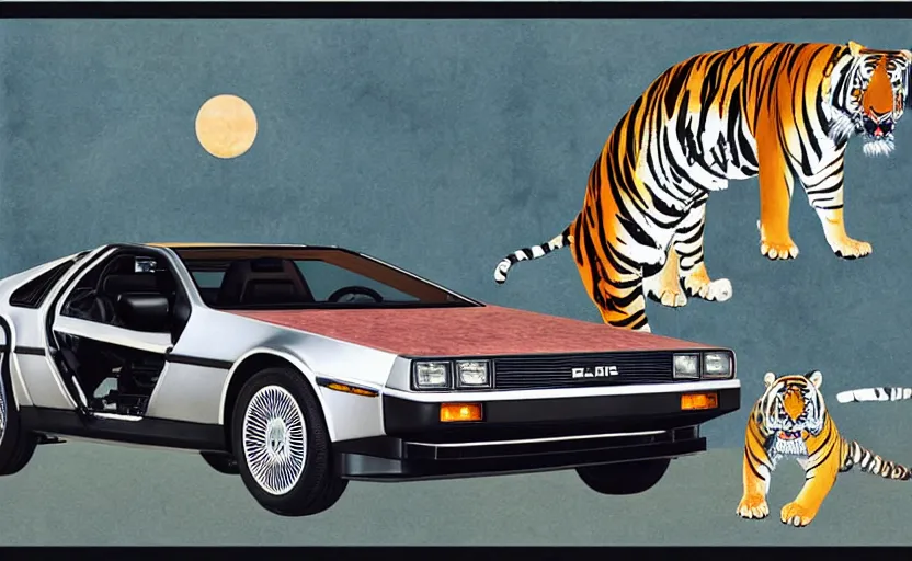 Prompt: a delorean and a tiger, art by hsiao - ron cheng and utagawa kunisada, magazine collage, # e 5 3 7 1 b, # e 4 e 6 2 0, # de 9 5 f 0,