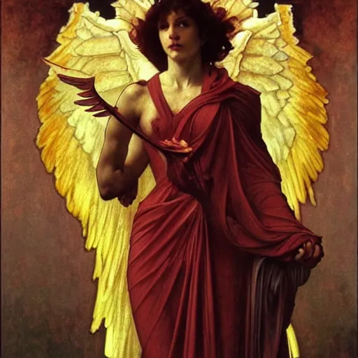 Image similar to godlike awe-inspiring Lucifer portrait, standing tall invincible, beautiful angelic wings, stunning, breathtaking, award-winning, groundbreaking, concept art, nouveau art, Dark Fantasy mixed with Socialist Realism, by Michelangelo, Caravaggio, Alphonse Mucha, Michael Whelan, William Adolphe Bouguereau, John Williams Waterhouse, and Donato Giancola, extremely moody lighting, glowing light and shadow, atmospheric, fine art, trending, featured, 8k, photorealistic, complex, intricate, 3-point perspective, hyper detailed, unreal engine 5, IMAX quality, cinematic, symmetrical, high resolution, 3D, PBR, path tracing, volumetric lighting, octane render, arnold render