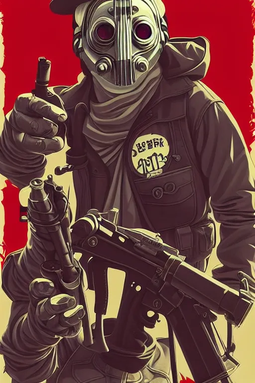 Image similar to 8 k hd wolf gangs use gray bandana, riffle, some of them use gask mask, gray hoodie, group photos, pop art, pixel, bioshock art style, gta chinatown art style, 8 k uhd character details, 8 k uhd art by artgerm richard hamilton and mimmo rottela