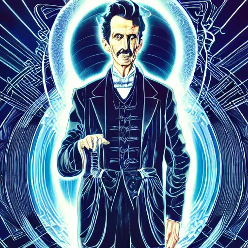 Image similar to portrait of nikola tesla, symmetrical, by yoichi hatakenaka, masamune shirow, josan gonzales and dan mumford, ayami kojima, takato yamamoto, barclay shaw, karol bak, yukito kishiro