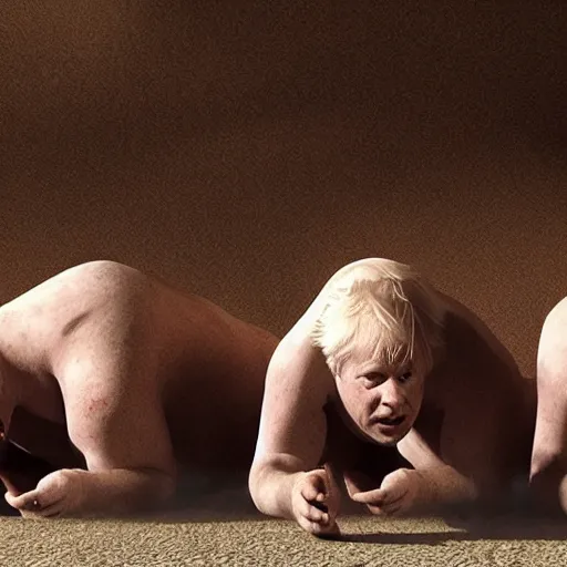 Prompt: Boris Johnson in Human Centipede movie, realistic artstyle, wide shot, dramatic lighting, octane render, hyperrealistic, high quality, highly detailed, HD, beautiful, cinematic, 8k, unreal engine, facial accuracy, symmetrical