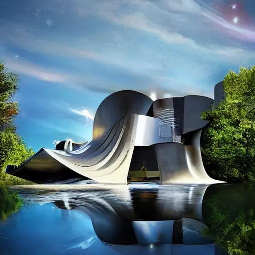Prompt: a futuristic modern house, on a floating rock island, alien planet covered in water, multiple waterfalls, multiple moons glowing, stars, frank gehry