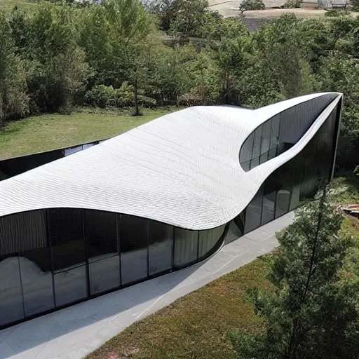 Prompt: This new and unique house exterior is inspired by the majestic, soaring form of an eagle in flight. The front façade features several large windows arranged in a sweeping curve. photo.