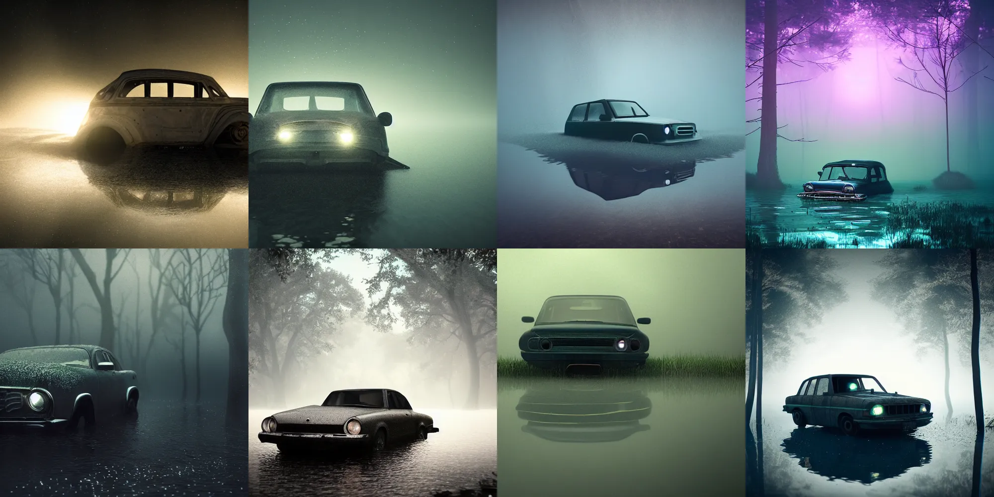 Prompt: old car with headlights on halfway underwater in a beautiful dark foggy swamp, in the style of beeple and Mike Winkelmann, intricate, epic lighting, cinematic composition, hyper realistic, 8k resolution,
