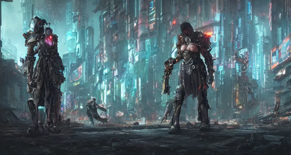 Prompt: cyberpunk gladiator, concept art, colorized pencil, highly detailed, by Akihiko Yoshida, octane render, cg, rich cinematic atmosphere, perfect digital art, mystical journey in strange world, Mystical, cyberpunk, techwar, sci-fi, surreal, glowing lights, sharp focus, high detailed - H 1024