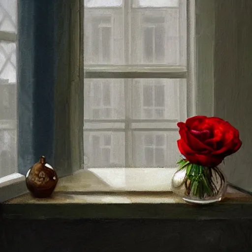 Image similar to The image would feature a windowsill with two vases, one containing a red rose and the other containing a blue violet. The natural light from the window would be shining in on the scene. Trending on artstation