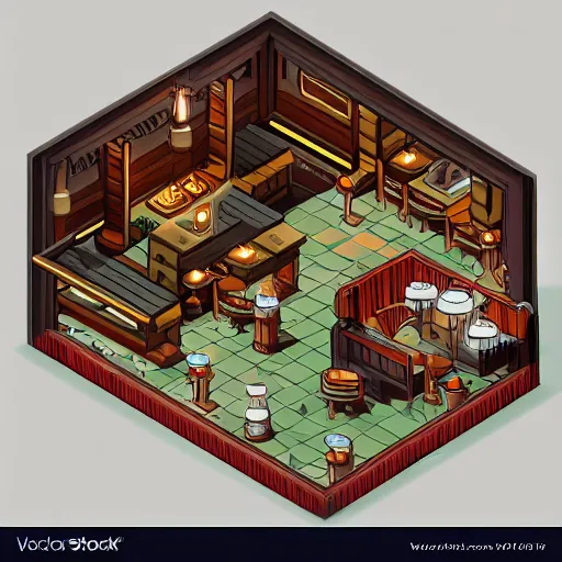 Prompt: isometric building interior, tavern, fantasy