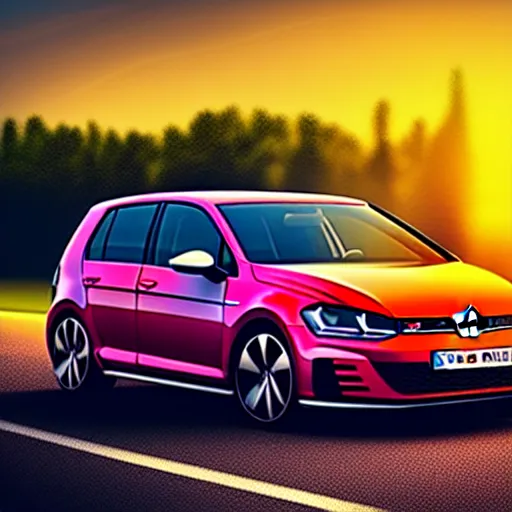 Image similar to a car VW Golf GTI in middle of road, Germany, city sunset, cinematic color, photorealistic, highly detailed, bokeh