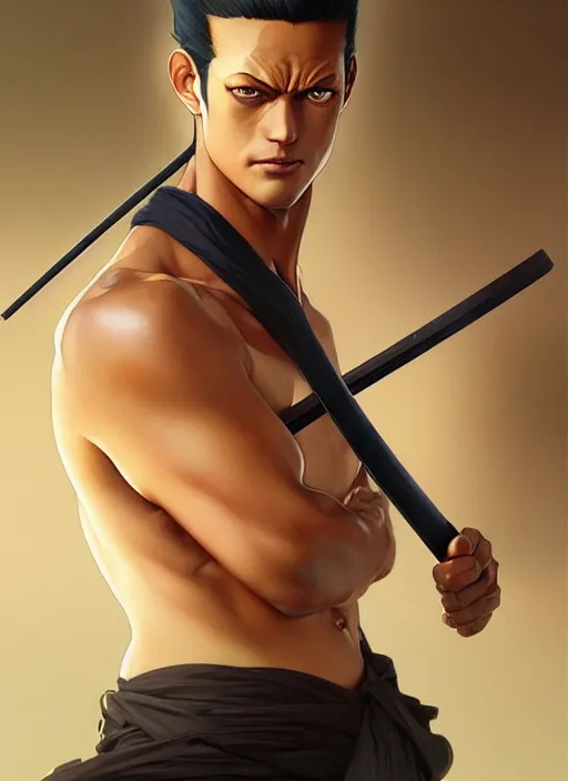 Image similar to ultra realistic illustration, handsome zoro. intricate, elegant, highly detailed, digital painting, artstation, concept art, smooth, sharp focus, illustration, art by artgerm and greg rutkowski and alphonse mucha and wlop