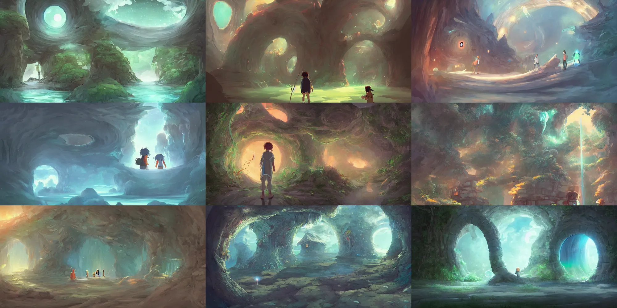 Prompt: many portals to another world, digital painting, concept art, smooth, sharp focus, illustration by studio ghibli