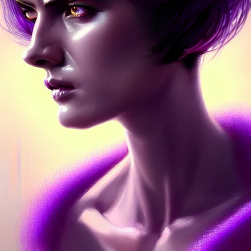 Image similar to woman with extremely large and intricate haircut with angry purple eyes and slim features looking askance, eye cyberpunk bionics, retro futurist style, intricate, elegant gleaming intricate baroque jewelry, angelic halo, highly detailed, digital painting, artstation, concept art, smooth, sharp focus, illustration, art by wlop, mars ravelo and greg rutkowski,