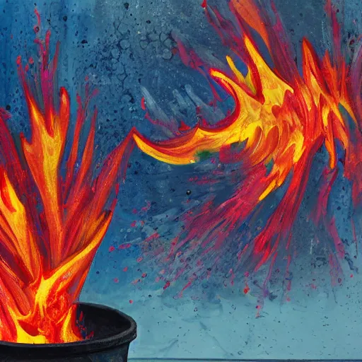 Image similar to a bucket of water in flames, chaotic painting, depicting remorse