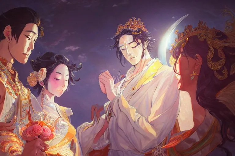 Image similar to close up moment of a divine a japan sun god and a moon goddess lovers magician at a wedding banquet, highly detailed, d & d, fantasy, 4 k realistic, digital painting, trending on artstation, concept art, sharp focus, illustration, art by makoto shinkai and akihiko yoshida and daniel gerhartz