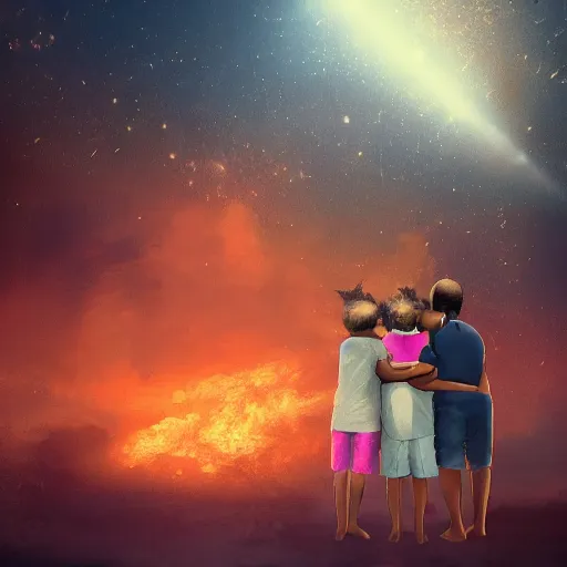 Image similar to a family hugging each other for the last time as the world is ending, meteors are falling from the sky, everything is on fire, dramatic lighting, digital art, very very very very very very beautiful, 8 k, dark lighting, trending on artstation, award winning