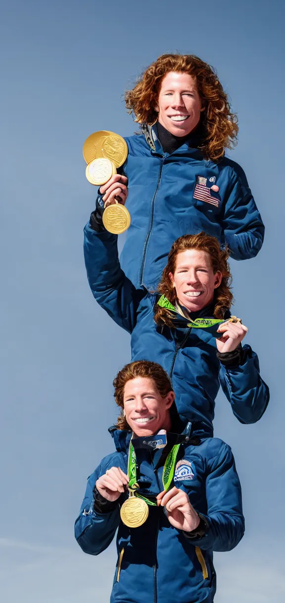 Image similar to high quality photograph of shaun white holding a gold medal with blue sky above him, rule of thirds, upper body shot, high quality, portrait image, nikon d 7 8 0