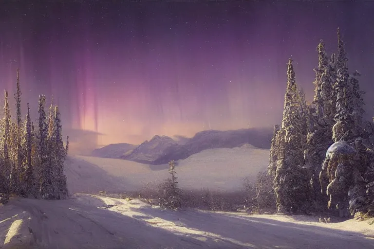 Image similar to beautiful nature, winter, night, norhtern lights, aurora borealis, hyperdetailed, focused, cinematic lighting, oil painting, colorful, canvas, artstation, Albert Bierstadt, Hans Dahl, Theodor Kittelsen, Hermann Hendrich, Konstantin Yakovlevich Kryzhitsky