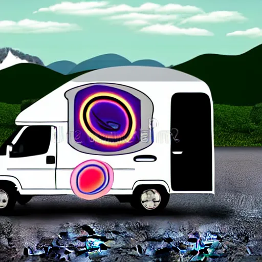 Image similar to logo, white and black cute thor chateau motorhome camper, highway, mountains and sunset!!, everything enclosed in a circle, happy, professional colorful logo illustration