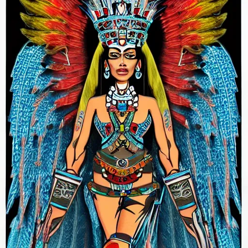 Image similar to character design, aztec warrior goddess with beautiful woman face, crown of very long feathers, full body, glowing aztec tattoos, beautiful,