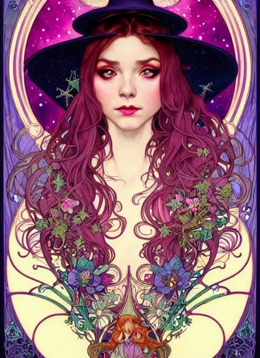 Prompt: fantastic portrait of a beautiftul witch with some shinny star, cloak, royally decorated crystal gemstones, symmetrical face, art nouveau, portrait, cute, fairy, by artgerm, kelly mckernan, mai yoneyama, alphonse mucha, detailed background, artstation, intricate, elegant, highly detailed, colorful, maximalist