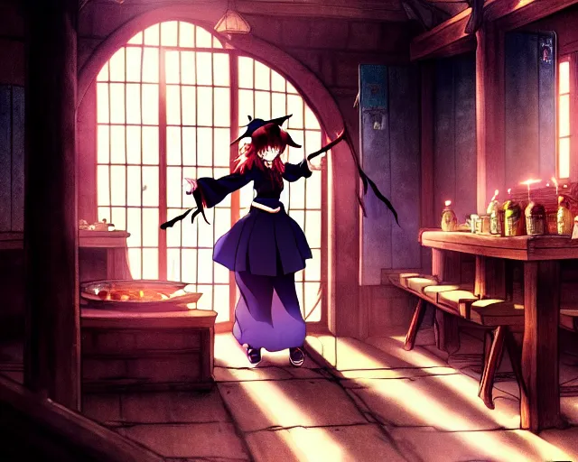 Image similar to key anime visual portrait of a young female witch in a tavern interior defending a companion, dynamic pose, dynamic perspective, cinematic, dramatic lighting.