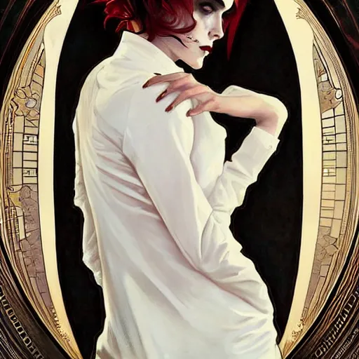 Image similar to beautiful portrait of androgynous ruby rose as desire from sandman in a white tuxedo!!!, rockabilly style, by alphonse mucha, cedric peyravernay, by jeremy mann, by frank moth, white suit and black tie, double picture, soft lightning, high detailed, 8 k