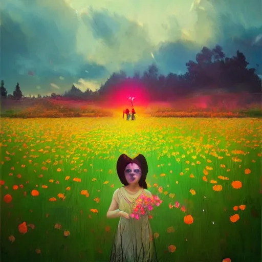 Image similar to girl with a flower face, surreal photography, dream, standing in flower field, magical, in a valley, sunrise dramatic light, impressionist painting, colorful clouds, artstation, simon stalenhag, flower face