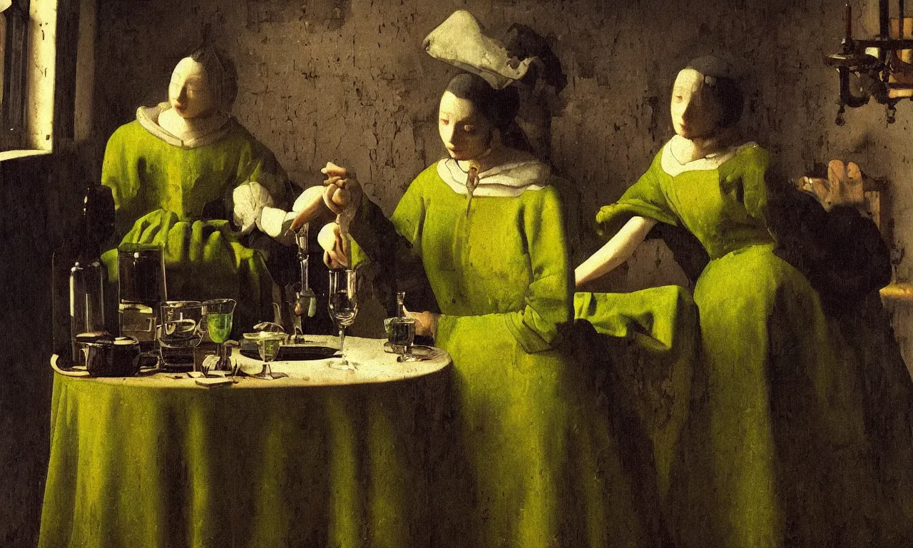 Prompt: a glass of absinthe in the style of Johannes Vermeer, French night cafe, vivid colors, high details, cinematic, 8k resolution, beautiful detailed, photorealistic, digital painting, artstation, concept art, smooth, sharp focus, illustration, fantasy background, artstation trending, octane render, unreal engine