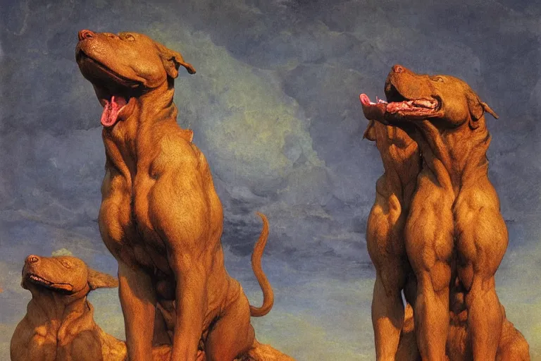 Image similar to hyperdetailed matte art of cerberus by william blake, ilya repin, amano, rene magritte, craig mullins, three headed dog, details