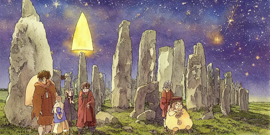 Prompt: a hyperrealist studio ghibli watercolor fantasy concept art of a giant medieval monk and a small grey alien in stonehenge with a starry sky in the background. a giant gold ufo is floating in the air. by rebecca guay, michael kaluta, charles vess