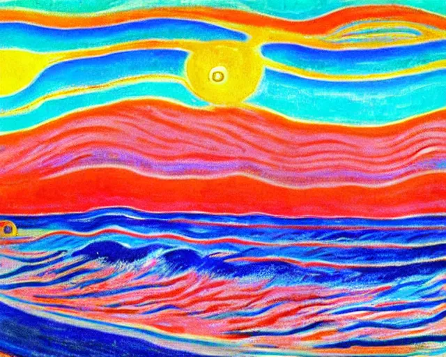 Prompt: Ocean waves in a psychedelic dream world. DMT. Landscape painting by Edvard Munch. David Hockney.