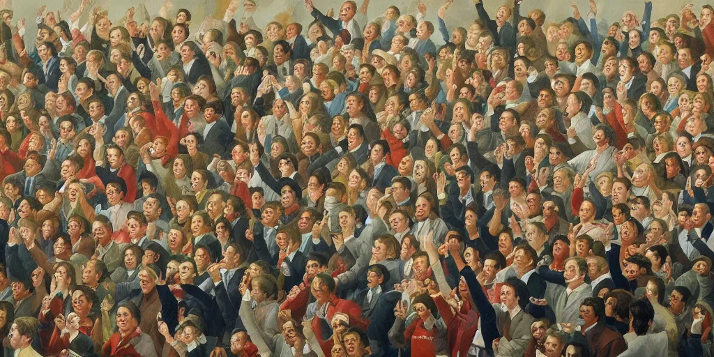 Prompt: A painting of a crowd of people cheering for a rising stock chart