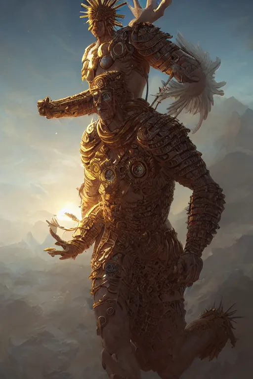 Image similar to humanoid god of the sun, highly detailed, d & d, fantasy, hyper detailed, digital painting, trending on artstation, apollo, concept art, sharp focus, illustration, art by artgerm and magali villeneuve and greg rutkowski and michael whelan, cryengine, 8 k realistic atmospheric lighting, frostbite 3 engine