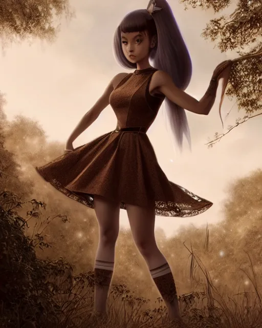 Prompt: photo of eevee pokemon humanisation, in lace brown dress, film still, dslr, by greg rutkowski, gil elvgren, enoch bolles, ross tran, artgerm, wlop, glossy skin, pearlescent, very coherent