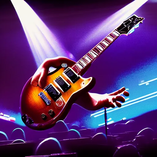 Image similar to rock guitarist shredding on stage, playing sunburst gibson les paul, photorealism, smoke, lasers and explosions, hyper detailed