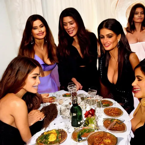 Prompt: candid group photo of sofia vergara, and salma hayek, and penelope cruz, and catherine zeta jones, and eva mendes, sitting around a long table at a dinner, laughing