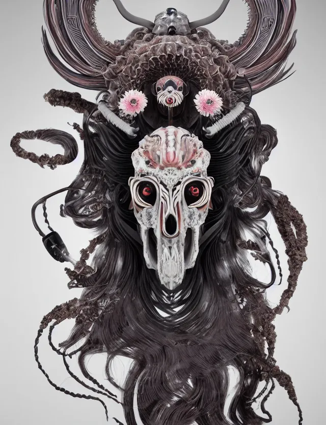 Image similar to 3 d goddess ram skull half - turn portrait with long hair with ram skull. beautiful intricately detailed japanese crow kitsune mask and clasical japanese kimono. betta fish, jellyfish phoenix, bio luminescent, plasma, ice, water, wind, creature, artwork by tooth wu and wlop and beeple and greg rutkowski