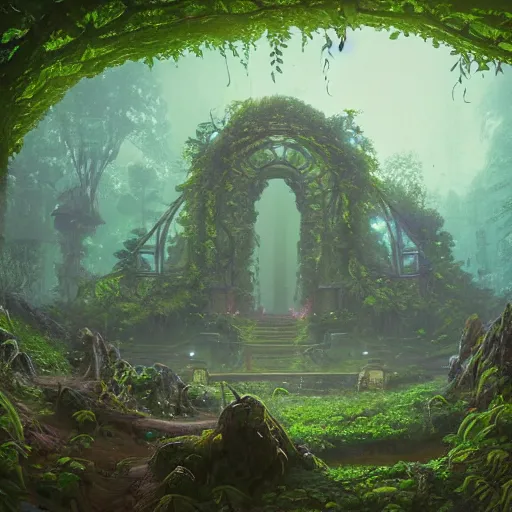 Prompt: close up of a hidden temple, forest, vines, crystals, tilt - shift focus, entrance to ethereal realm, magic circle, magic doorway, mist, bioluminescence fungi, concept art, andreas rocha, surrounded by epic ruins landscape by simon stalenhag, overwatch, flat, print, studio ghibli, 4 k